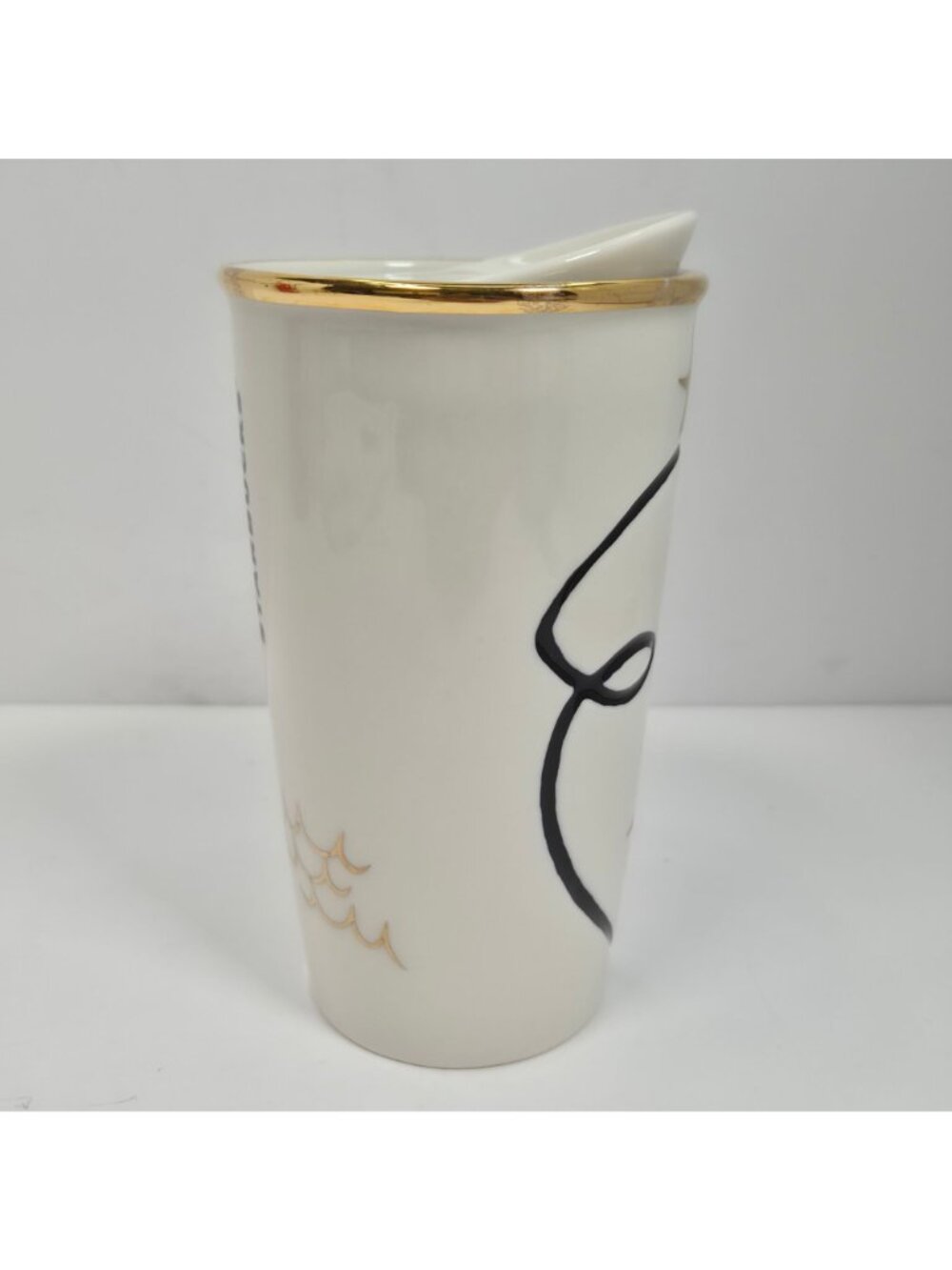 Starbucks 2015 Ceramic Travel Mug With Lid Gold Accent & Abstract Face Design - Picture 2 of 10